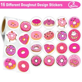 Hohamn 600 Pcs Pink Doughnut Stickers for Kids Girls 1.5 Inch 16 Styles Pink Doughnut Snack Dessert Stickers Roll for Kids Birthday Party School Reward Giveaways