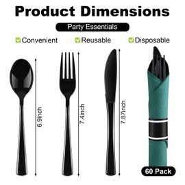 60Pack Black Plastic Silverware with Green Napkins, Rolled Dinner Napkins with Cutlery, Pre Rolled Plastic Silverware, Wrapped Black Cutlery with Green Napkins for Christmas