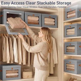 DIMJ Storage Bins with Lids - 6 Pack Front Opening Stackable Fabric Storage Boxes with Clear Window & Handles, Collapsible Closet Organizers for Clothes, Sweaters, Shelf Storage, Bedroom, Gray