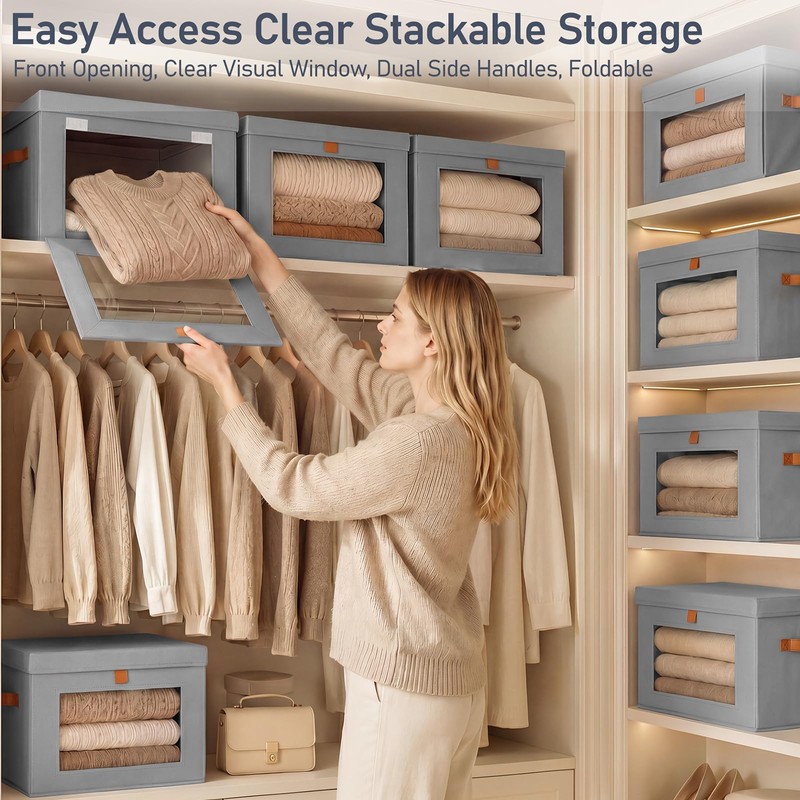 DIMJ Storage Bins with Lids - 6 Pack Front Opening