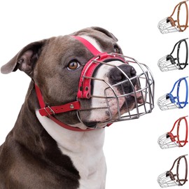 BRONZEDOG Pitbull Dog Muzzle Breathable Metal Basket for Large Dogs Amstaff Staffordshire Terrier Biting Chewing Barking (Leather, Pink)