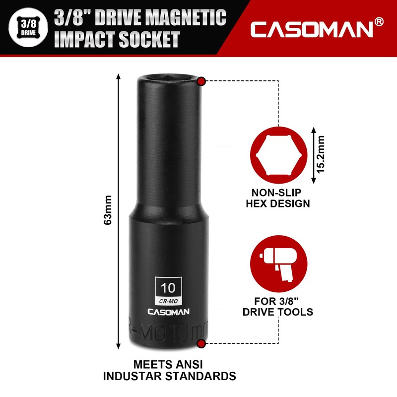 CASOMAN 3/8" Drive 10mm Deep Magnetic Impact Socket, Metric, 6-Point,