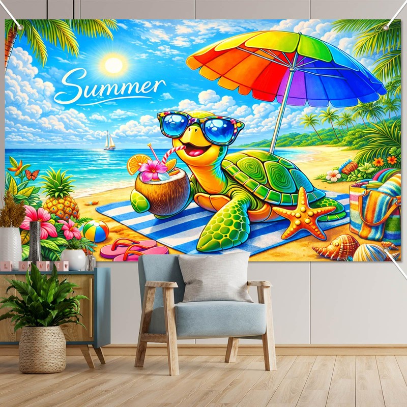 BlissYard Summer Beach Party Banner Cute Sea Turtle Beach Backdrop
