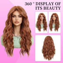 Geogroket Long Wavy Wig for Women Middle Part Wavy Charming Hair Realistic Natural Looking Synthetic Heat Resistant Orange Wigs for Girls Daily Party Use 24 Inch