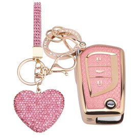 Vicoca for Toyota 3 Buttons Key fob Cover with Diamond Heart Keychain, Car Accessories TPU for Fortuner Tundra Camry RAV4 Highlander Corolla Smart Key, Gold Pink
