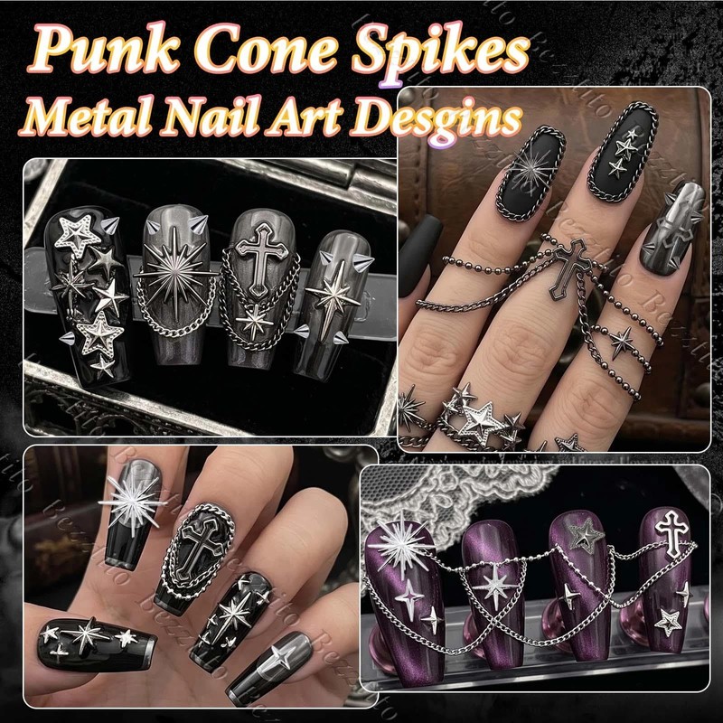 Goth Spike & Starburst Cross Nail Studs, Black Silver Beads