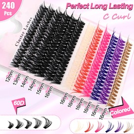 240-Piece DIY Eyelash Extensions Set, 0.07D Eyelashes, Individual False Eyelash Clusters with Eyelash Glue and Tweezers for Beginners, Reusable Eyelash Clusters (240P-60D + Colour)