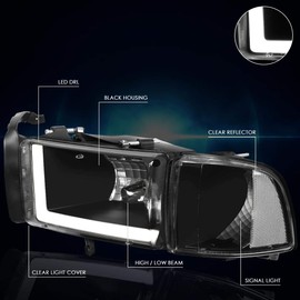 PM PERFORMOTOR LED DRL Black Housing Clear Corner Headlights With LED DRL Compatible with 94-01 Ram 1500/94-02 Ram 2500 3500, PMHL-DRAM-9401-LB-BC