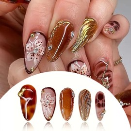 Medium Press on Nails Almond Fake Nails with Design Gold Foil Charms Flower Glue on Acrylic Nails Brown Stick on False Nails Artificial Full Cover Nail Supplies for Women 24 Pcs
