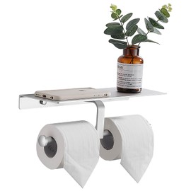 Double Toilet Paper Holder with Shelf, Silver Toilet Paper Holder Wall Mount, Commercial Toilet Paper Dispenser