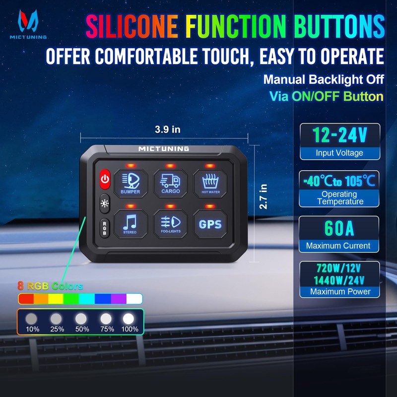 MICTUNING P1s RGB 6 Gang Switch Panel, Multifunction Toggle Momentary