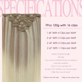Pinkpearl Clip in Hair Extensions Straight Human Hair #18/22/60 Balayage Ash Blonde to Golden Blonde and Platinum Blonde 7pcs 120g 22 inches Real Hair Clip in Extensions(#18/22/60,22)