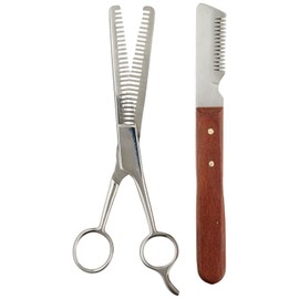 Tamsco Kit de recorte, juego de 2, funda de cuero, tijeras de doble diente para adelgazar, cuchillo de pelar medio, ideal para caballos, acero inoxidable
