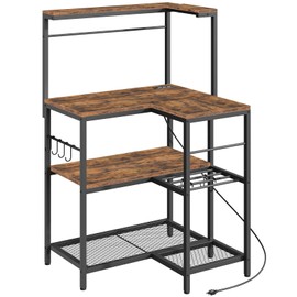 HOOBRO Bakers Rack with Power Outlet, 4-Tier Corner Microwave Stand with Storage, Coffee Bar with 8 S-Shaped Hooks, Kitchen Shelf Rack, 2 Installation Methods, Rustic Brown and Black BF20UHB01
