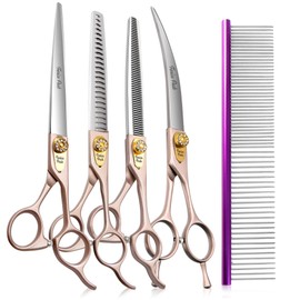 Fenice Peak 7‘’ Professional Dog Grooming Scissors Set Rose Gold 440C Stainless Steel Straight Thinning Curved Chunker Shears 4pcs Set for Pet Grooming Services Dogs and Cats
