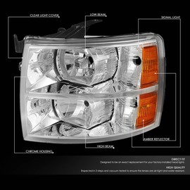 DNA MOTORING HL-OH-CSIL07-CH-AM Pair of Chrome Amber Headlights Compatible with 07-13 Silverado 1500/07-14 Silverado 2500 HD 3500