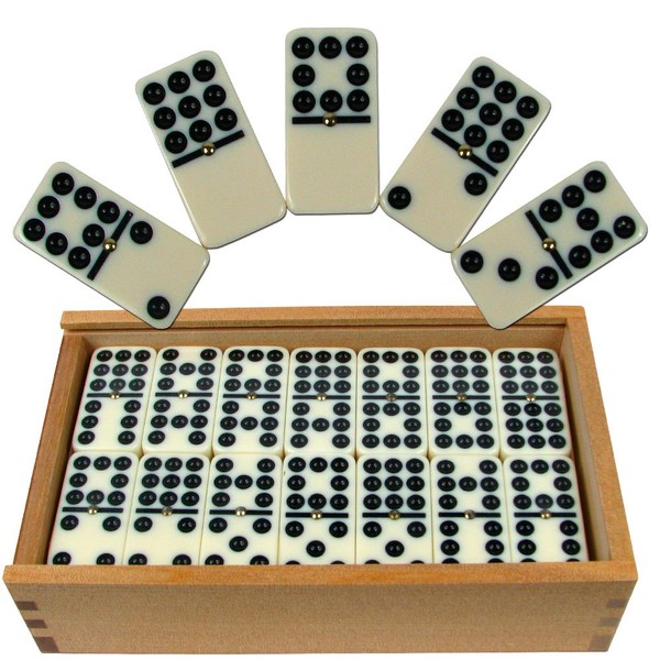 Premium Set of 55 Double Nine Dominoes with Wood Case, Brown