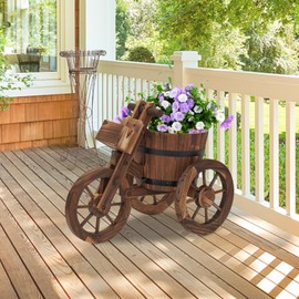 Kinsunny Wood Cart Garden Planter Pot w/3 Wheels Barrow Wagon Flower Barrel Outdoor Decoration for Patio Lawn Backyard