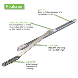 Genius® UPVC Door Restrictor Stay 335mm for uPVC, Aluminium, French, Patio Door, 90 Degree Arm Door Stay Stainless Steel