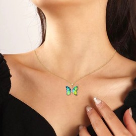 BONJOULRY Butterfly Iridescent Crystal Necklace for Women: Stainless Steel Chain Minimalist Bohemian Dainty Choker Necklaces Aesthetic Butterfly Jewelry Gifts (Gold Plated | Emerald Green)
