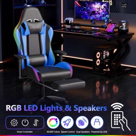 Mr IRONSTONE Gaming Chair, Video Game Chair with Bluetooth Speakers and Led Lights, Office Chair with Massage and 3D Armrest High Back Computer Racing Chair, Cheap Gaming Chairs for Adults, Black/Blue