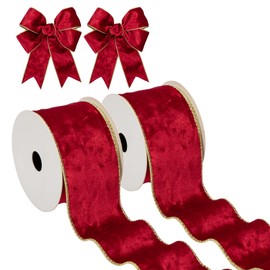 Briful Red Velvet Ribbon 2.5 Inch Christmas Tree Ribbon with Metallic Wired Gold Edge Velvet Ribbon for Gift Wrapping Wreaths Garland Big Bow Crafts Supplies(2 Rolls, 20 Yards)