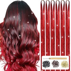 USHUIUS Hair Tinsel Kit With Tools Tinsel Hair Extensions 6Pcs 1200 Strands Fairy Hair Tinsel Heat Resistant Glitter Hair Extensions Sparkling Shiny Hair Tensile for Women Girls Kids (Red 6Pcs)