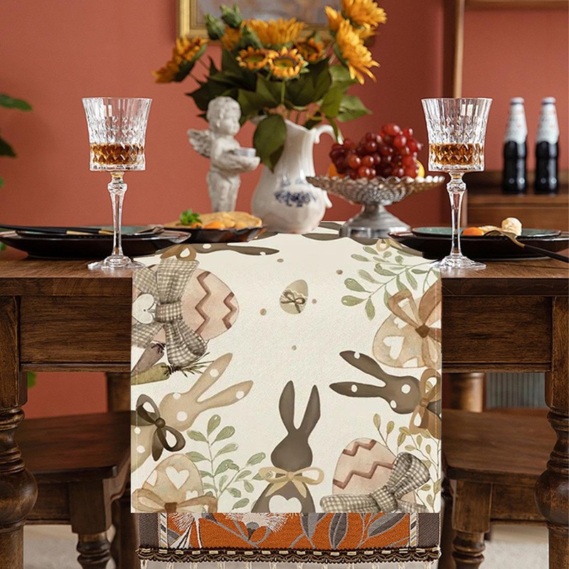 Bunny Easter Table Runner Decorations,Linen Cute Bunny Runner for Table,72x13in
