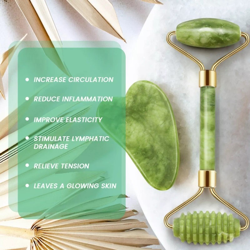 SANBREVE Rodillo Masaje Facial De Jade Gua Sha Rejuvenece Kit