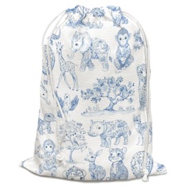DSHFG Blue Birthday Drawstring Gift Wrap Bags, Safari Toile Chinoiserie Animals Baby Shower Drawstring Gift Bags Canvas, Blue and White Small Happy Birthday Bag, 10x13 Inch