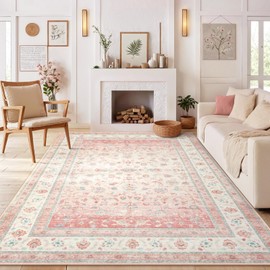LIVEBOX Pink Area Rug for Living Room, 8x10 Soft Washable Boho Floral Area Rugs, Non Slip Stain Resistant Large Rug for Nursery, Bedroom, Dining Room, Farmhouse