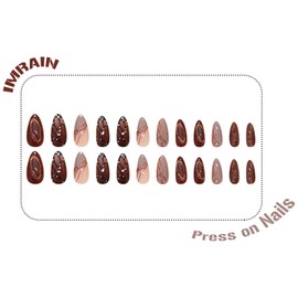 IMRAIN Brown Press on Nails Medium Almond Fake Nails Fall Butterfly Glossy Artificial False Nails Glue on Nails Full Cover Golden Line Stick on Nails for Women Girls Acrylic Nails Decorations