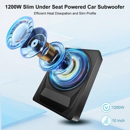 litillbuly 10 Inch 1200W Slim Under Seat Car Subwoofer with Built-in Amplifier - Powered Subwoofer for Car/Truck, High/Low Level Inputs, Remote Control, Enhanced Bass (14" L x 10.2" W x 3" H)