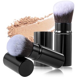 2 Stück Einziehbare Make-up-Pinsel, Abgewinkelter Kabuki Reise Grundierungspinsel, Tragbare Puder Rouge Pinsel, Mini Make up Pinsel für Blush, Sonnenschutz, Bronzer, Polieren, Concealer, Highlighter
