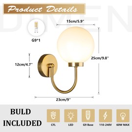 Magiroz Modern Globe Glass Wall Sconce Set of Two Mid Century Golden Wall Mount Light Fixture Brushed Brass Gold Round Wall Lamp for Bedroom Living Room Mirror Hallway Kitchen MCL12GD-2 (2pack)