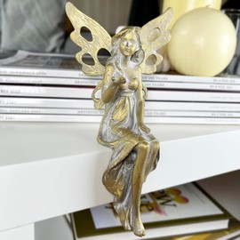 Shelf Sitting Fairy Figurine Resin Distressed Gold Angel Wings Decoration Gift 19cm