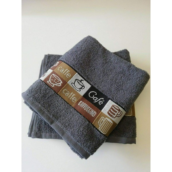 Sue Rossi Ltd Pack of 3 Cafe Cafe 100% Cotton Embroidered Hand Kitchen Tea Towels (grey)