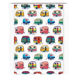 JAWO RV Shower Curtain for Camper Trailer Camping Bathroom, Retro RV Fun Camping, Happy Camper Stall Shower Curtain with Hooks Set, 48x70 Inches