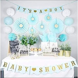 Kit Completo para Baby Shower de tu Niño ( 39 Piezas ), Set de Decoración Premium para tu Fiesta de Baby Shower - Banner "It`s A Boy", Banner "Baby Shower", Abanico de Papel, Bolas de Panal de Papel, Linternas de Papel.
