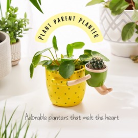 VIRTUNE Adorable Indoor Plant Pots. 5" Flower Pot & 2" Succulent Pot with Drainage. Small Plant Pots, Cute Pots, Succulent Planter (Light Yellow)