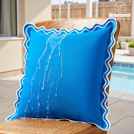12x20 Light Blue Scalloped Outdoor Lumbar Pillow Covers Waterproof & Sunproof Set of 2, Embroidered Blue Decorative Outdoor Pillows for Porch & Patio Furniture, Beach Decor Aesthetic Lumbar Pillows