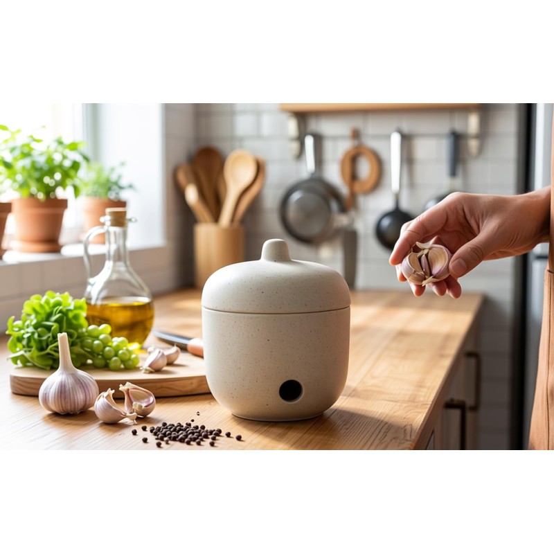 Ceramic Garlic Keeper,Garlic Storage with Lid,Garlic Holder,Beige,Small
