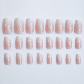 Medium Square Press on Nails Nude Fake Nails with Glossy Designs Full Cover Stick on Nails Gradient Nude Pink Coffin False Nails Acrylic Salon Manicure Reusable Glue on Nails for Women 24pcs