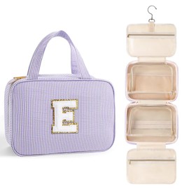 TOPEAST Teen Girl Gifts Trendy Stuff - Birthday Gifts for 7 8 9 10 11 12 13 14 15 16 17 18 Year Old Teen Girls, Hanging Toiletry Bag Initial Makeup Bag - Letter E, Purple