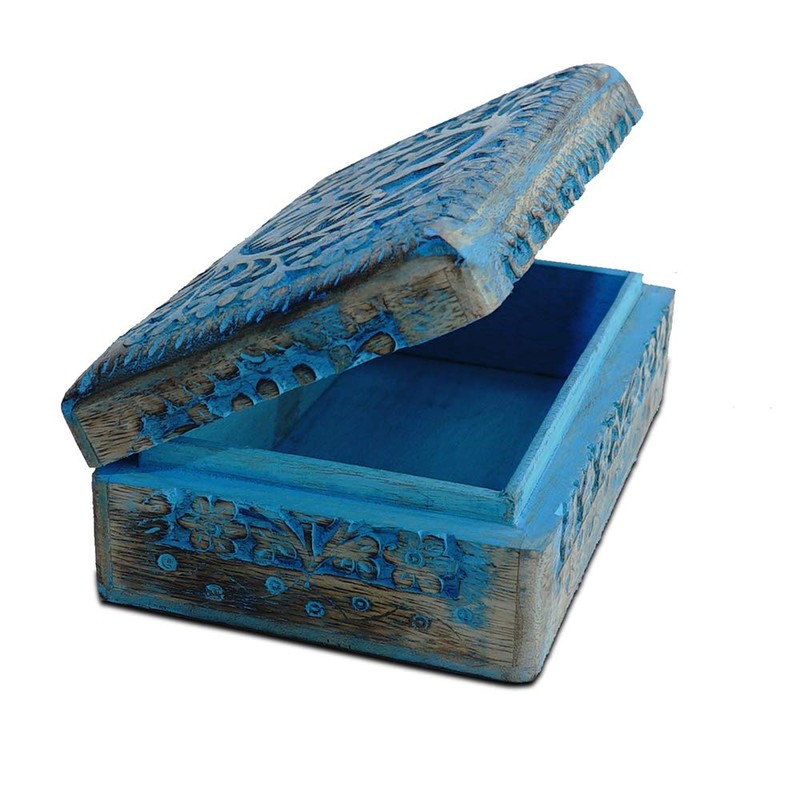 BHAVATU Handmade Blue Mango Wood Jewellery Box with Engraving Tree