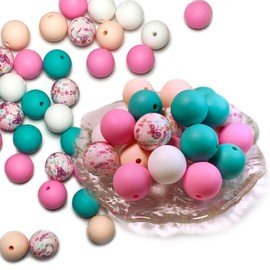 suweisua 50Pcs Turquoise Pink Silicone Beads for Keychain Making, Silicone Beads 15mm for Bracelets, Wristlets, Lanyard, Bead Pen, Necklace Jewelry Making, Rubber Beads DIY Craft Kit Accessories