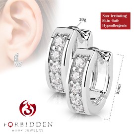 Forbidden Body Jewelry Pair of Surgical Steel Channel Set CZ Lined 8mm Mini Huggie Hoop Earrings