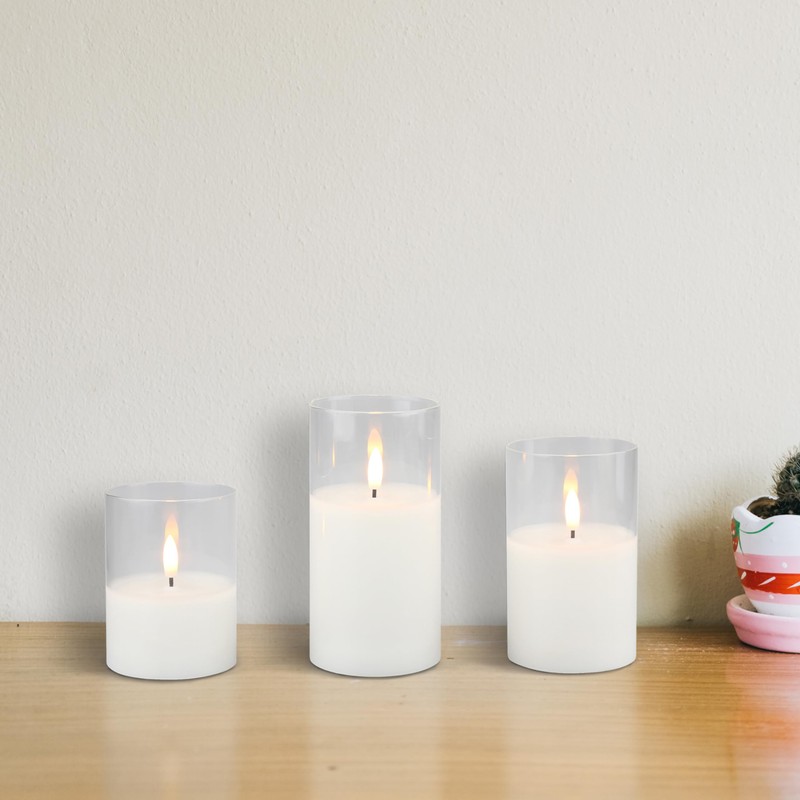 Stonebriar Set of 3 LED Pillar in Clear Glass Hurricane