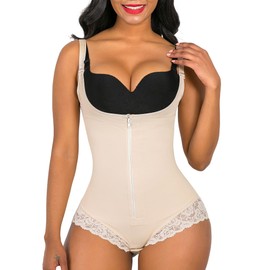 SHAPERX Mujeres Shapewear Tummy Control Fajas Colombianas Body Shaper Cremallera Open Bust Body, SZ7200-Beige-L