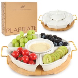 PLAPITATE Party Serving Trays and Platters, Ceramic Lazy Susan Serving Tray with Divided Sections Appetizer Rotating Serving Tray for Fruits, Veggies, Chips and Dip Serving Set